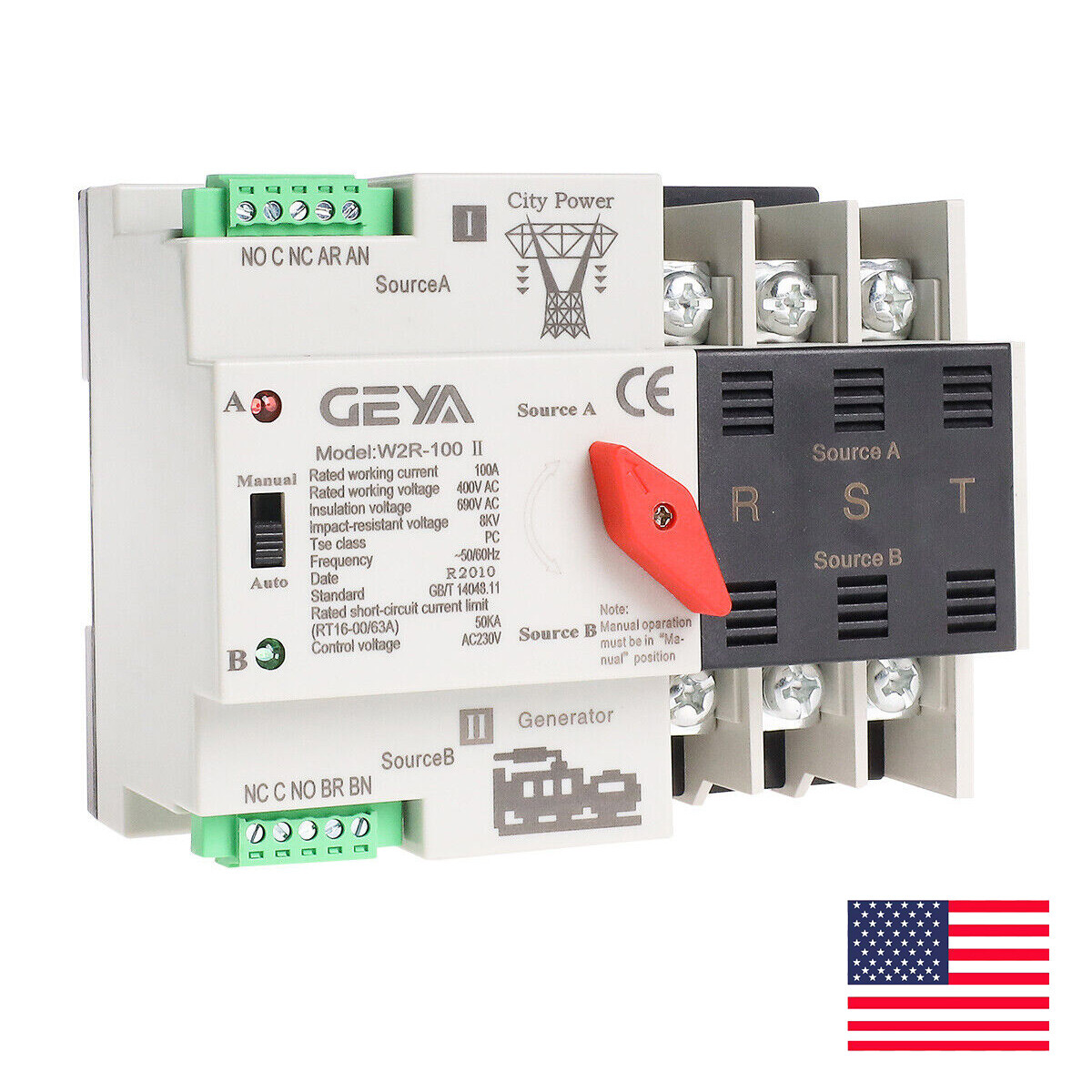 GEYA ATS PC Dual Power Automatic Power 3Pole 100A 110V Transfer Switch Grid NEW