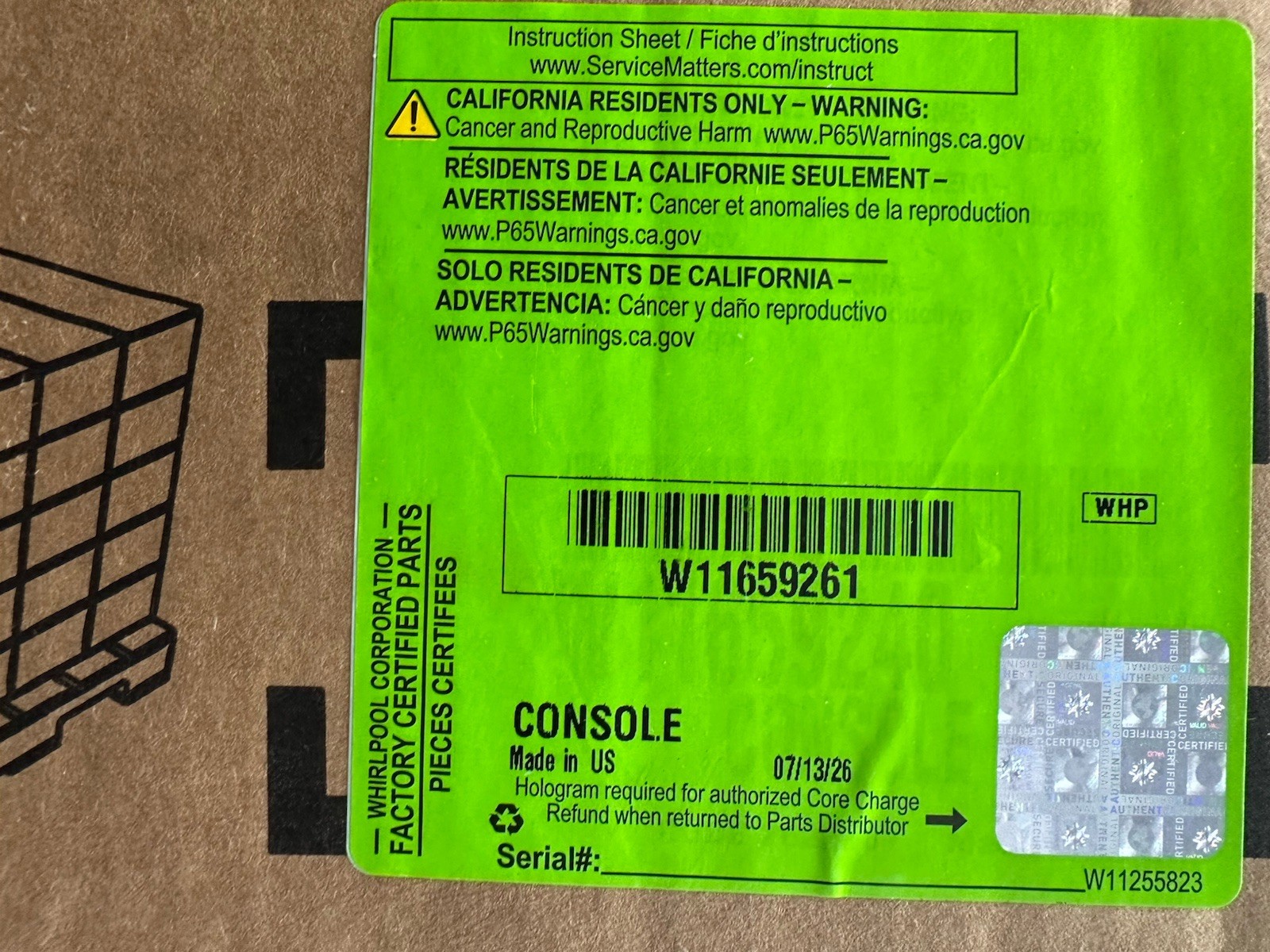 *Brand New* GENUINE Whirlpool Console Assembly OEM Part # W11659261 *Brand New* GENUINE Whirlpool Console Assembly OEM Part # W11659261