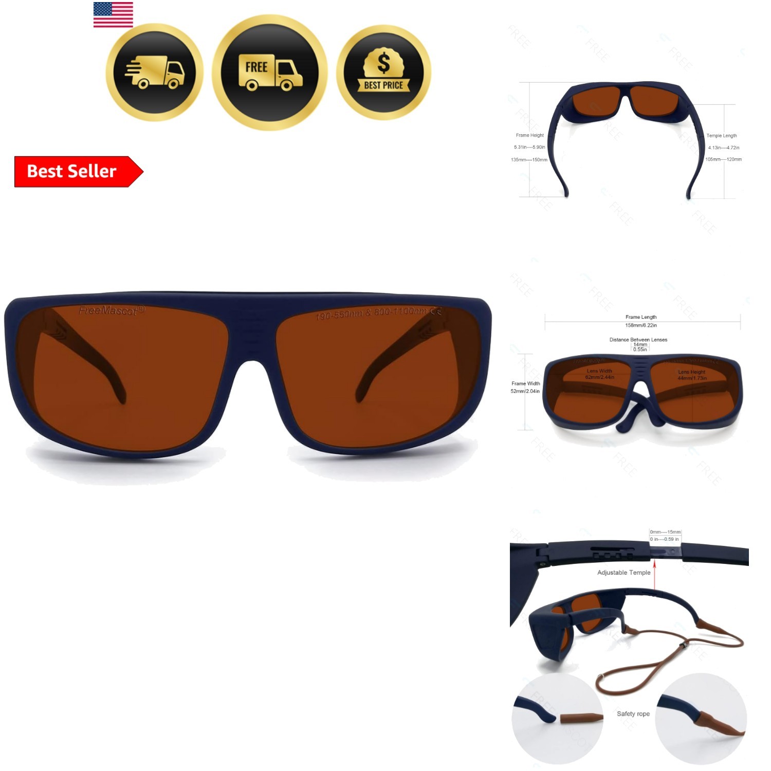 OD 6+ 190nm-550nm / 800nm-1100nm Wavelength Professional Laser Safety Glasses OD 6+ 190nm-550nm / 800nm-1100nm Wavelength Professional Laser Safety Glasses