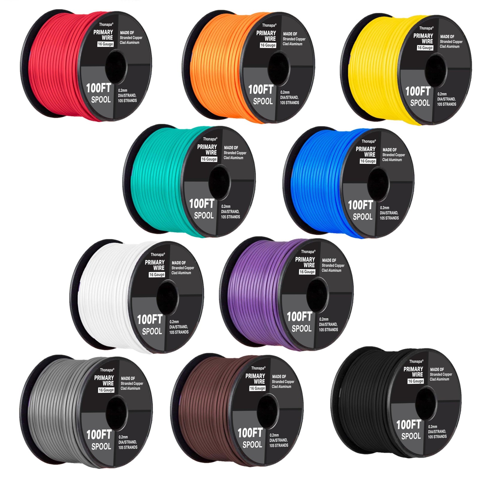 Thonapa 16 Gauge Primary Wire - 10 Roll Copper Clad Aluminum Assorted Colors Thonapa 16 Gauge Primary Wire - 10 Roll Copper Clad Aluminum Assorted Colors