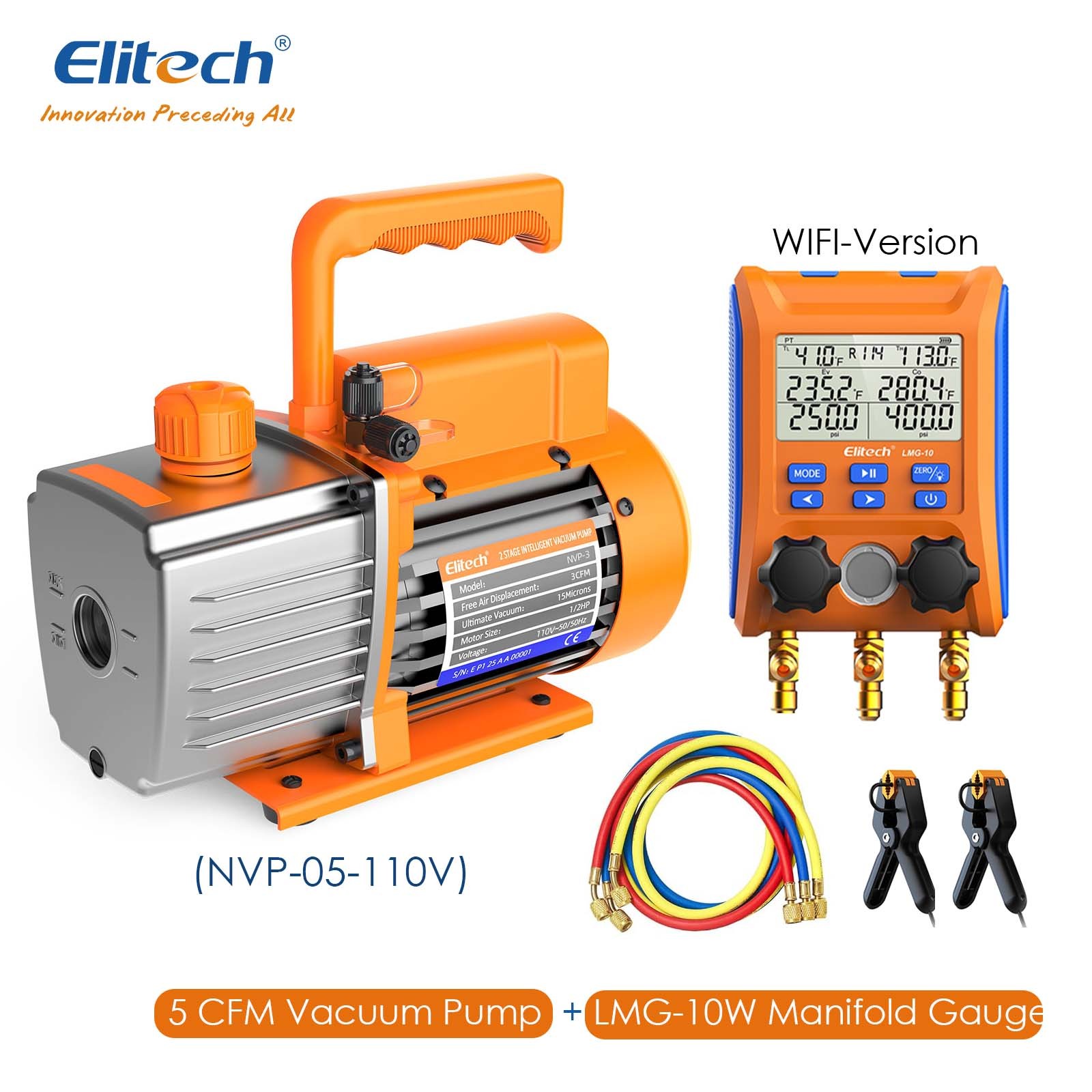 Elitech 2-in1 HVAC Tool Kit with 5CFM Vacuum Pump Digtal  Manifold Gauge LMG-10W
