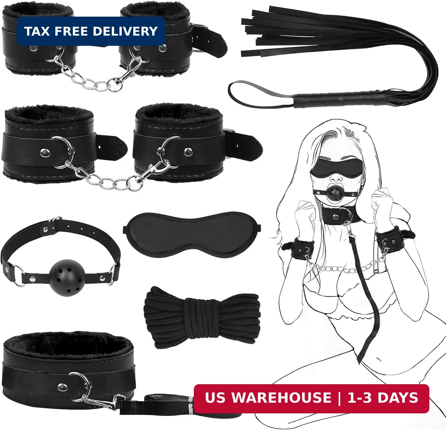7-Pcs BDSM Kit for Beginners, Black Bondage Set for Couples with Adjustable Wris 7-Pcs BDSM Kit for Beginners, Black Bondage Set for Couples with Adjustable Wris