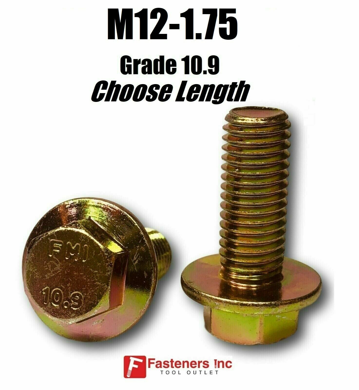 M12-1.75 x (Choose Length) Grade 10.9 Metric Flange Bolts Yellow Zinc Hardened
