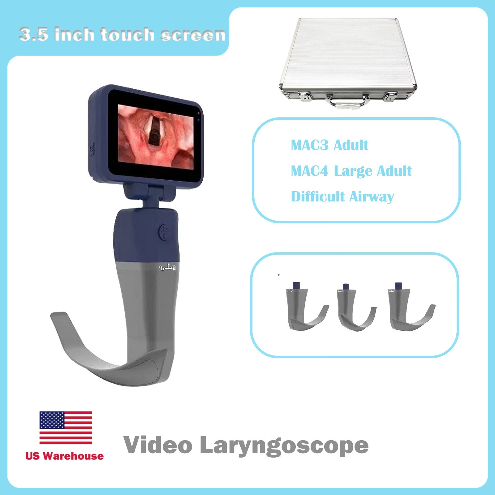 Digital Handheld Video Laryngoscope 3 Reusable Blades US Warehouse Stock