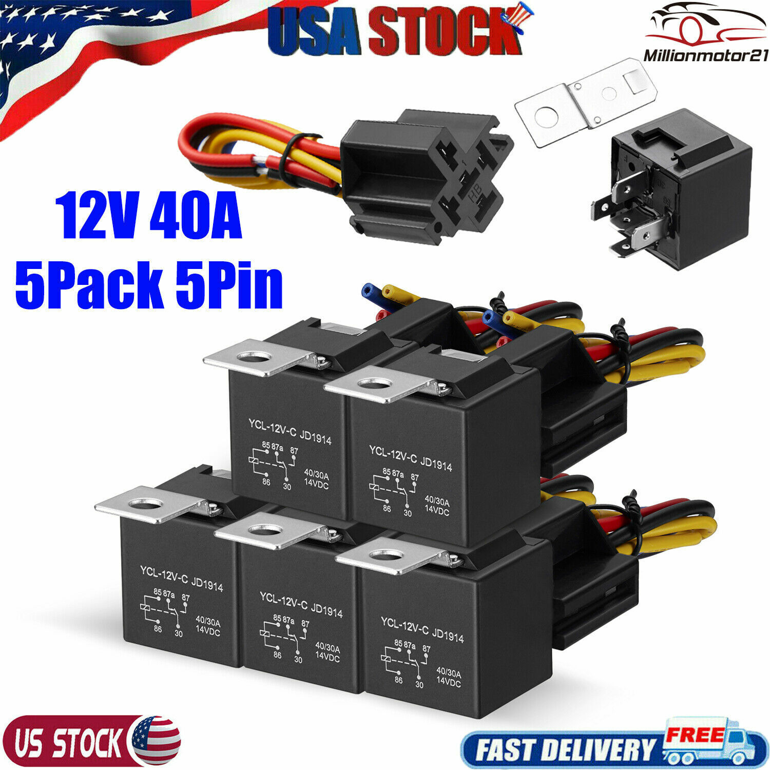 5Pin Automotive Car Relay Switch SPDT Harness Socket Waterproof 40A DC 12V 12AWG