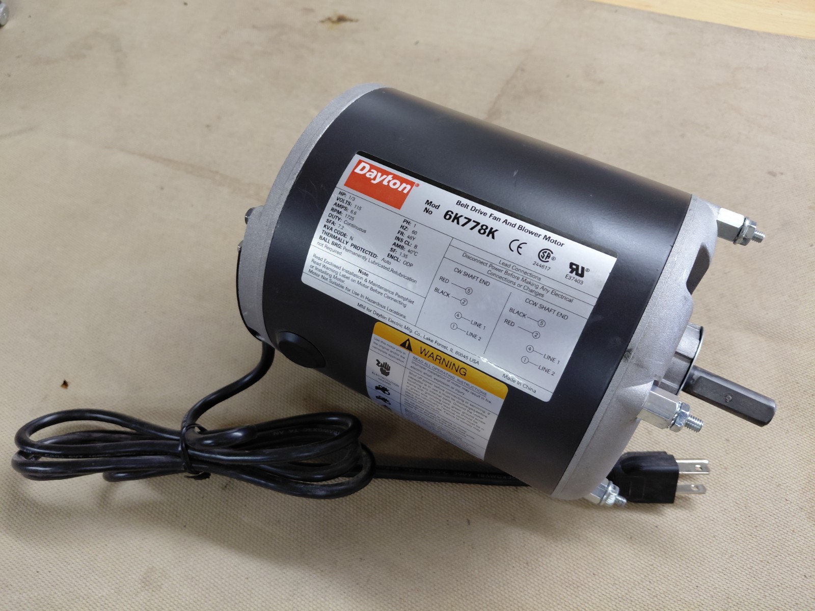 Dayton 6K778K 1/3 hp Electric Motor, Clean, Tested, 1 Owner