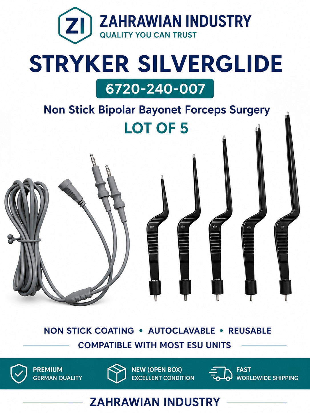 Stryker SilverGlide 6720-240-007 Non Stick Bipolar Bayonet Forceps Surgery Lot 5