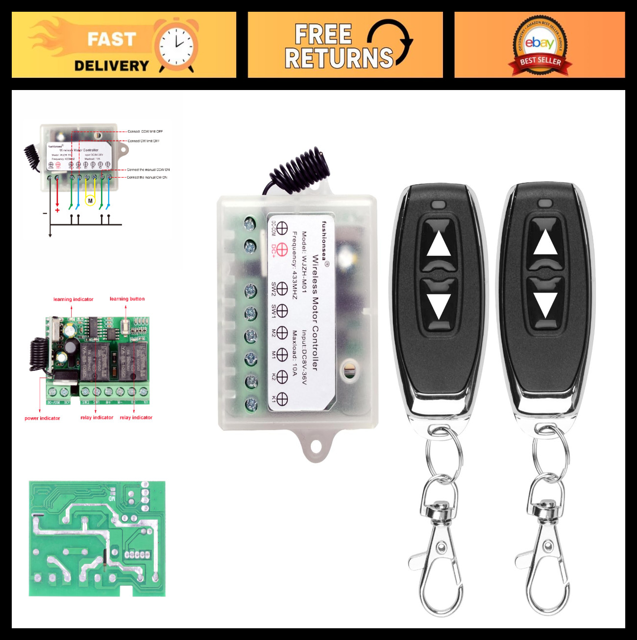 8V 12V 24V 36V Motor Remote Switch for Linear Actuator, 433MHz Relay Control 10A 8V 12V 24V 36V Motor Remote Switch for Linear Actuator, 433MHz Relay Control 10A