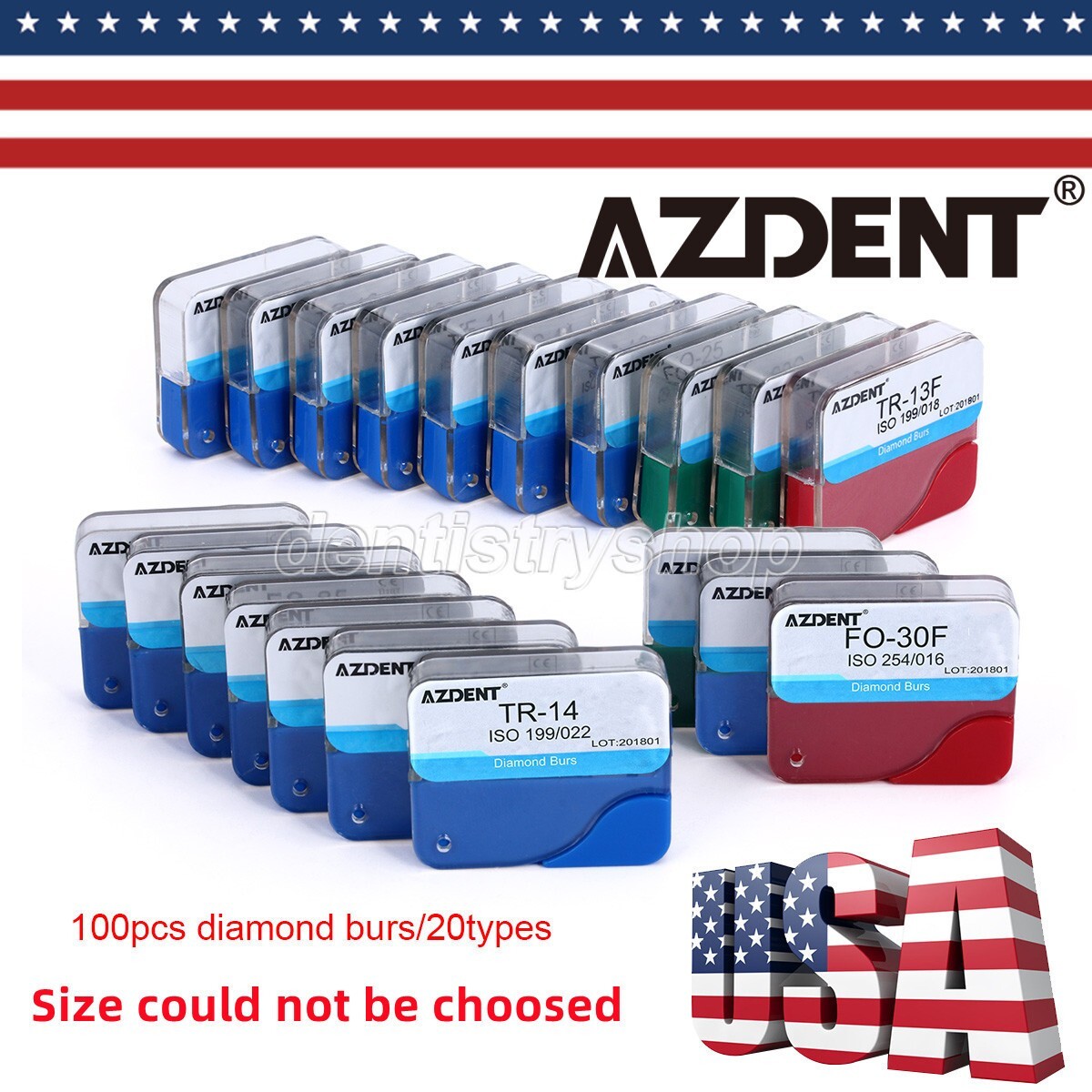 100Pcs AZDENT Dental Diamond Burs High Speed Handpiece Friction Grip 20 Types 100Pcs AZDENT Dental Diamond Burs High Speed Handpiece Friction Grip 20 Types
