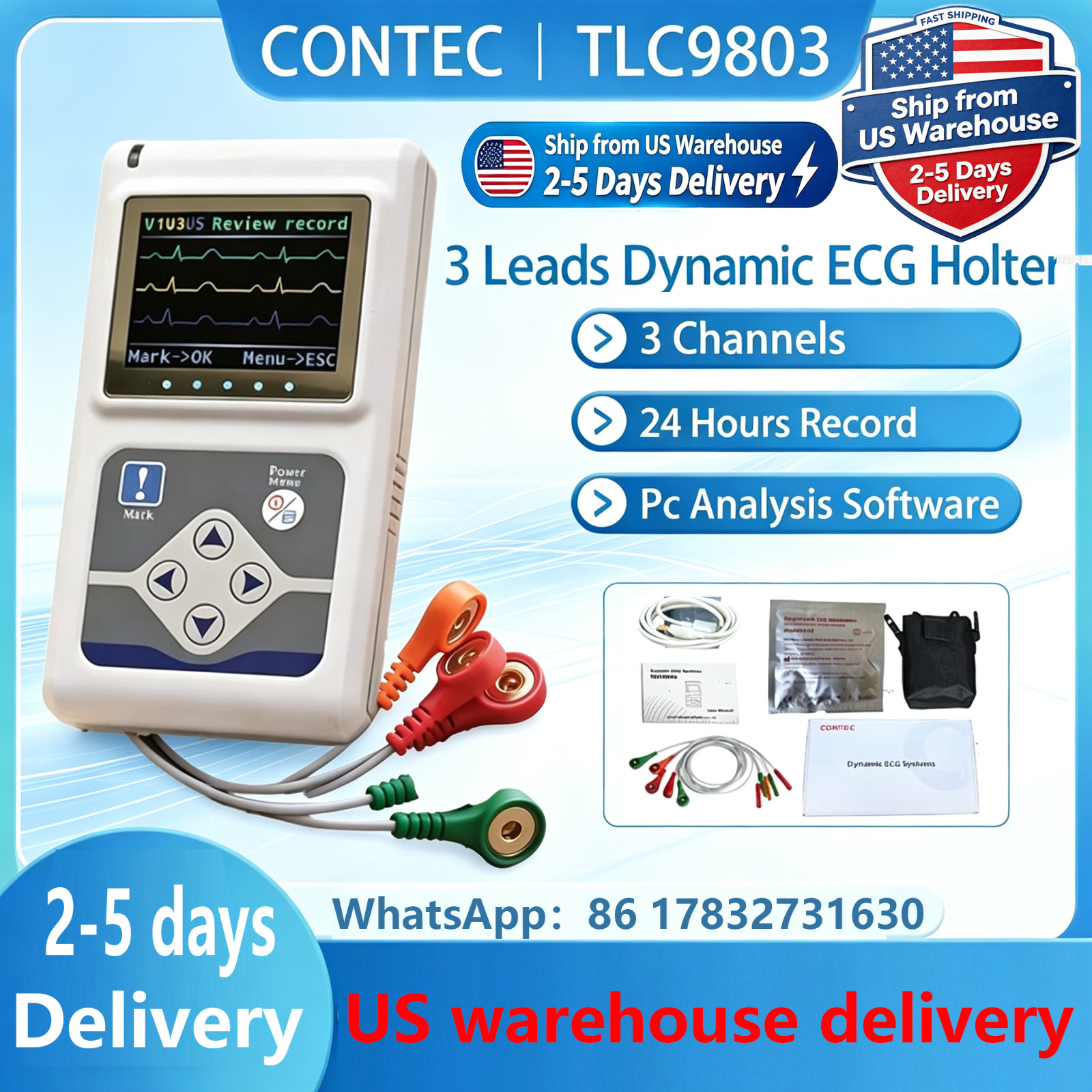US Warehouse Ship‑CONTEC TLC9803 3‑Lead ECG Holter 24H EKG Recorder PC Software US Warehouse Ship‑CONTEC TLC9803 3‑Lead ECG Holter 24H EKG Recorder PC Software