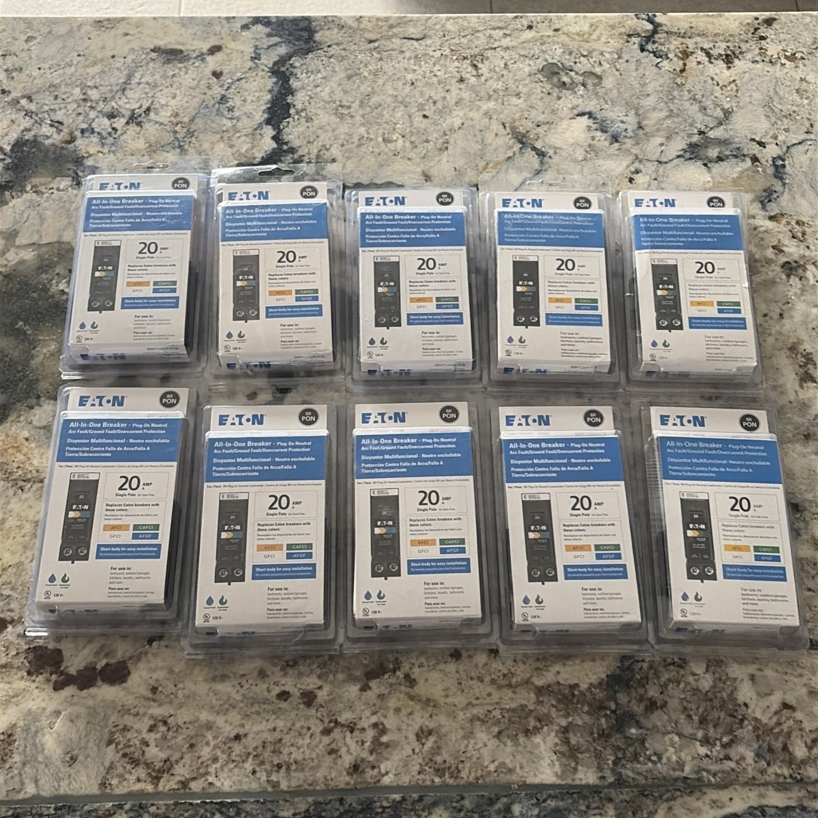 Lot of 10 Eaton BRP120A1CS 20-Amp All In One Breaker AFCI/GFCI ( PlugOn Neutral Lot of 10 Eaton BRP120A1CS 20-Amp All In One Breaker AFCI/GFCI ( PlugOn Neutral