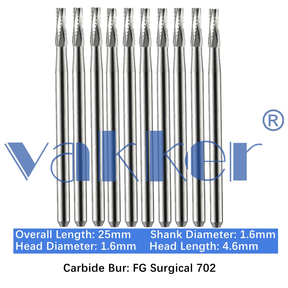Vakker 10pc Dental Carbide Burs FG SURG 702 Surgical Friction Grip High Speed