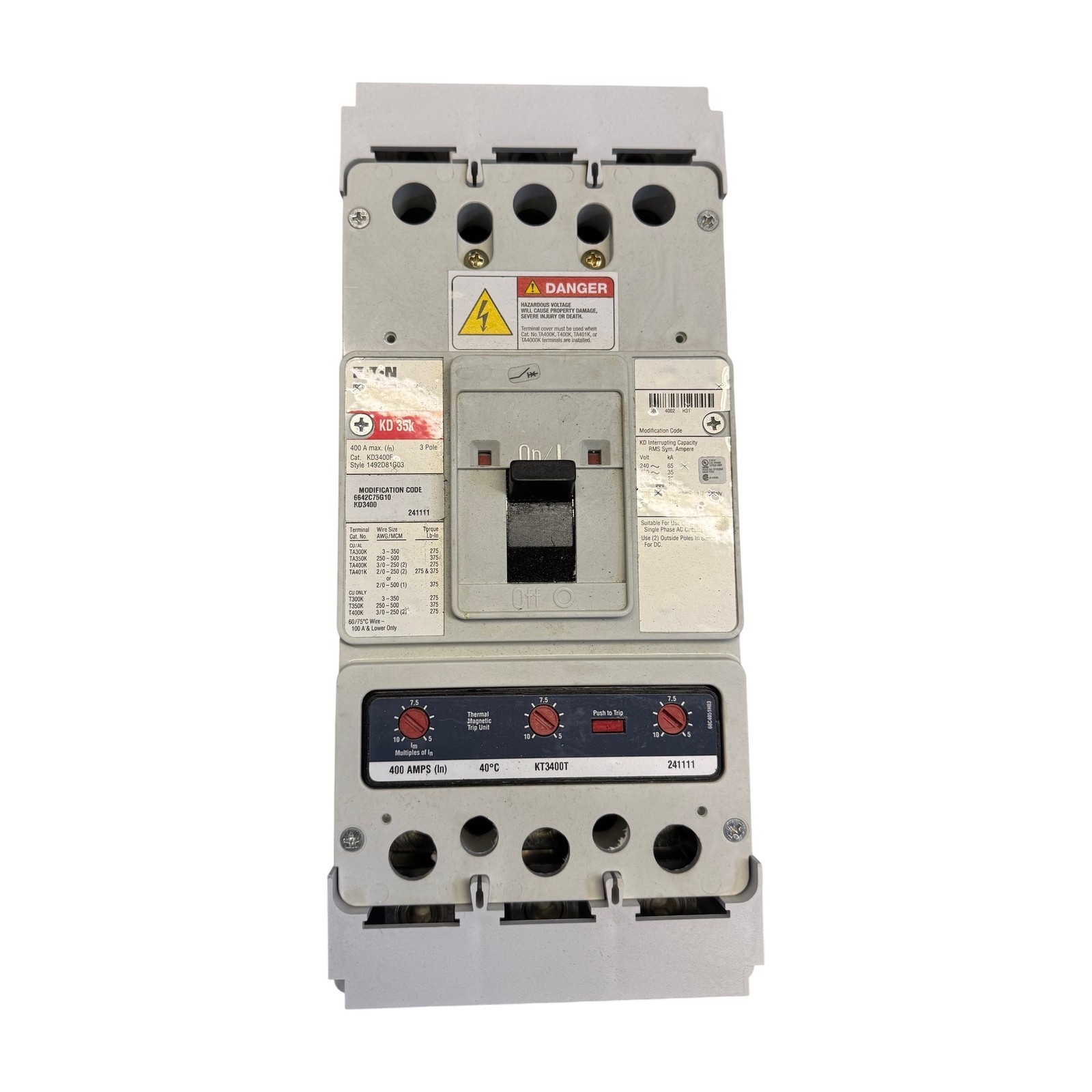 Eaton KD3400F 400A 3-Pole 35kA Industrial Molded Case Circuit Breaker KD 35k Eaton KD3400F 400A 3-Pole 35kA Industrial Molded Case Circuit Breaker KD 35k