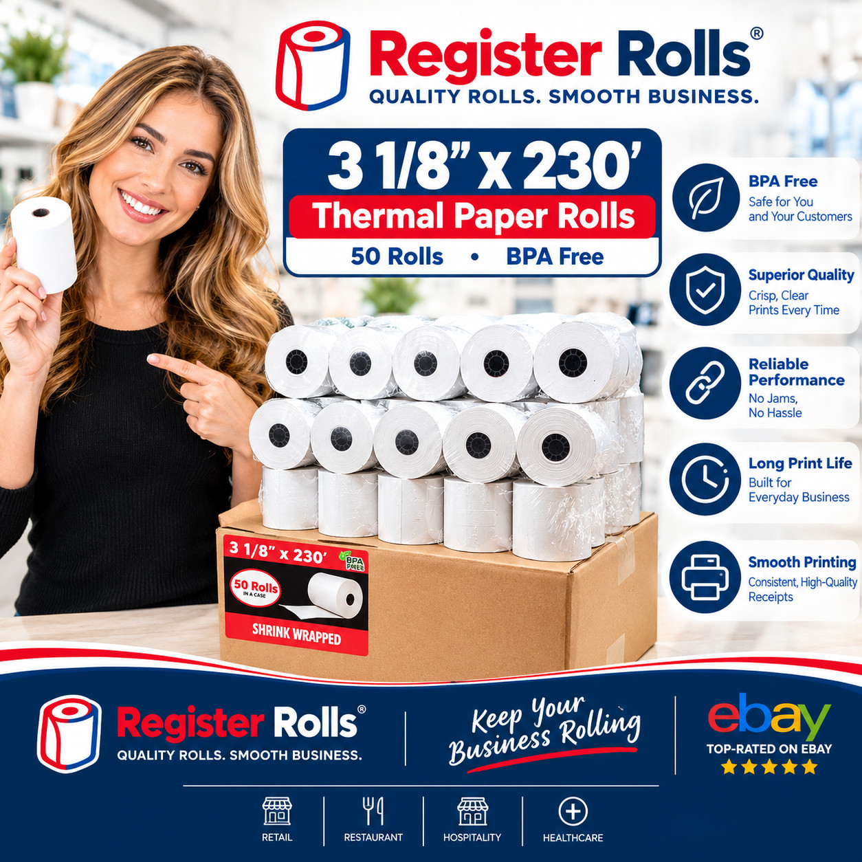 (50) THERMAL PAPER RECEIPT ROLLS 3 1/8 (50) THERMAL PAPER RECEIPT ROLLS 3 1/8