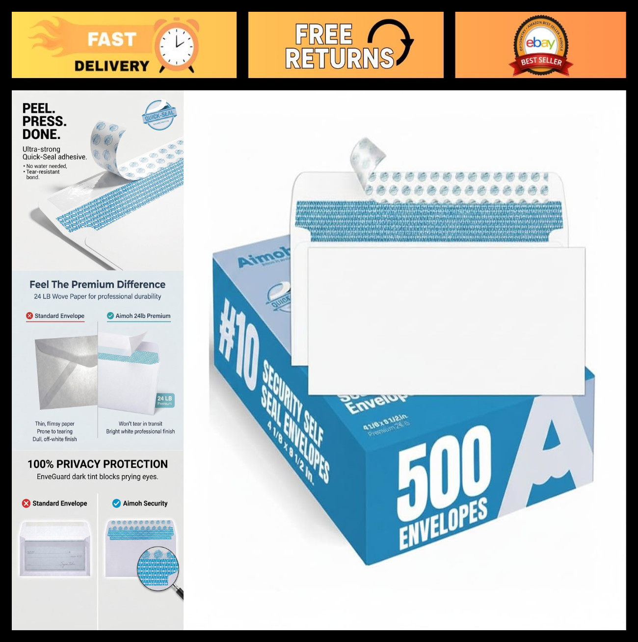 500ct Windowless Self-Seal Business Envelopes - Letter Size, Security, Bulk Pack