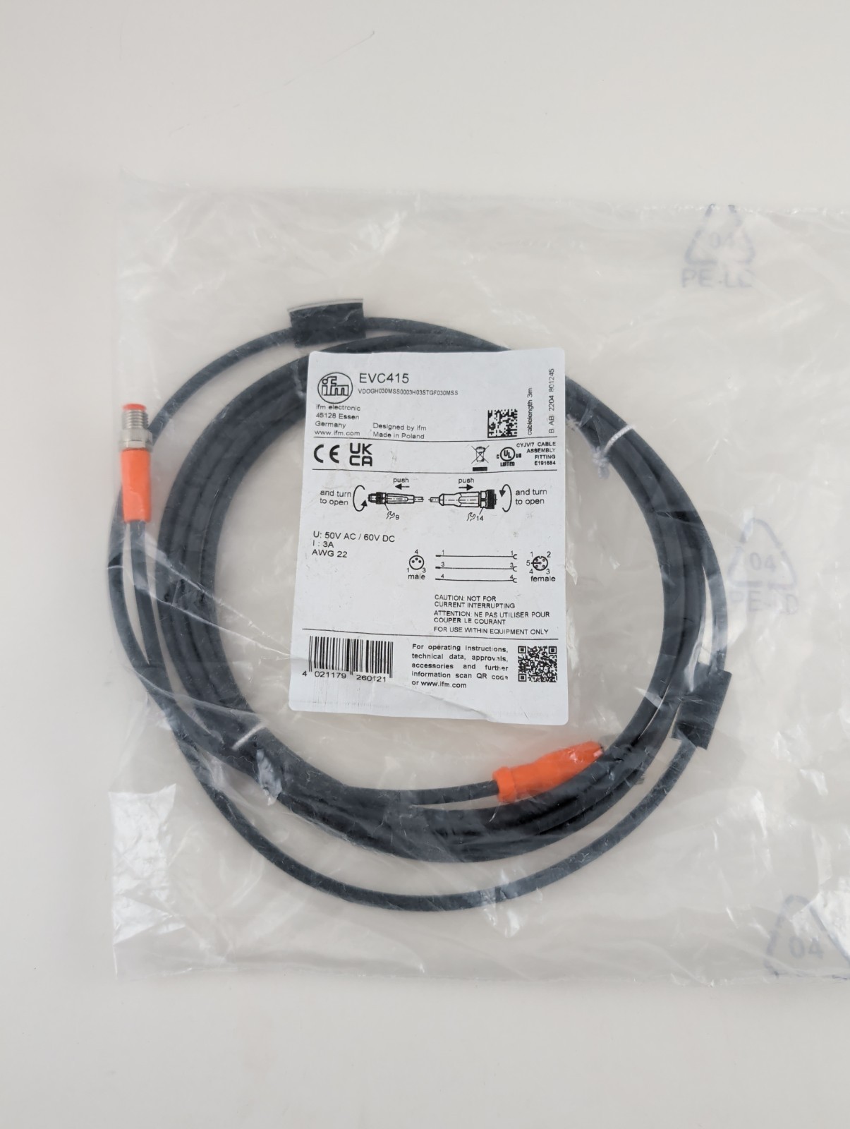 IFM EFECTOR EVC415 Sensor Connection Wire 3m Cable Cord- M12/M8 IFM EFECTOR EVC415 Sensor Connection Wire 3m Cable Cord- M12/M8
