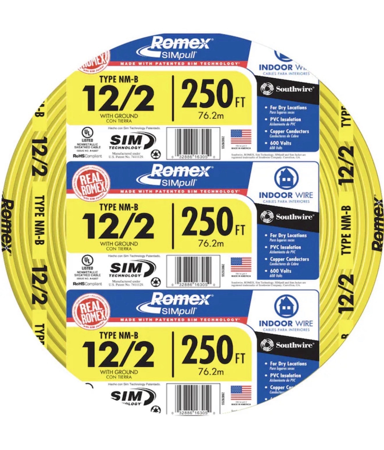 250 ft. 12/2 Solid Romex SIMpull CU NM-B W/G Wire, 250 ft. 12/2 Solid Romex SIMpull CU NM-B W/G Wire,