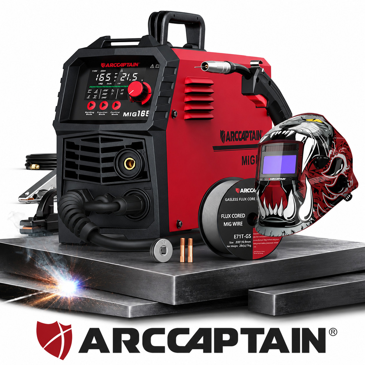 ARCCAPTAIN 165A MIG Welder 4 in 1 Large LED Display /w Welding Helmet 110V/220V ARCCAPTAIN 165A MIG Welder 4 in 1 Large LED Display /w Welding Helmet 110V/220V