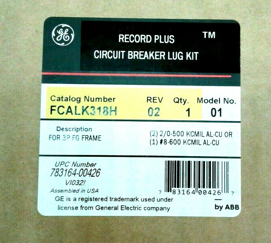 GE FCALK318H Record Plus Circuit Breaker Lug Kit For 3P FG Frame Qty 1 Kit