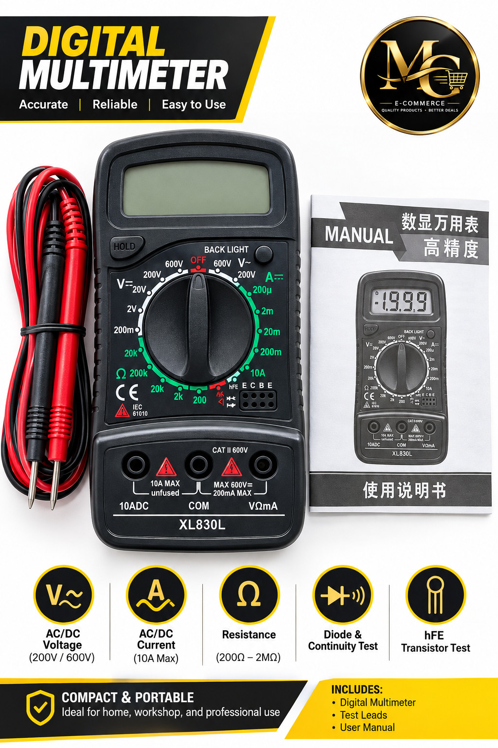 Digital Multimeter AC DC Voltmeter Ammeter Ohmmeter Volt Tester Meter XL830L USA Digital Multimeter AC DC Voltmeter Ammeter Ohmmeter Volt Tester Meter XL830L USA