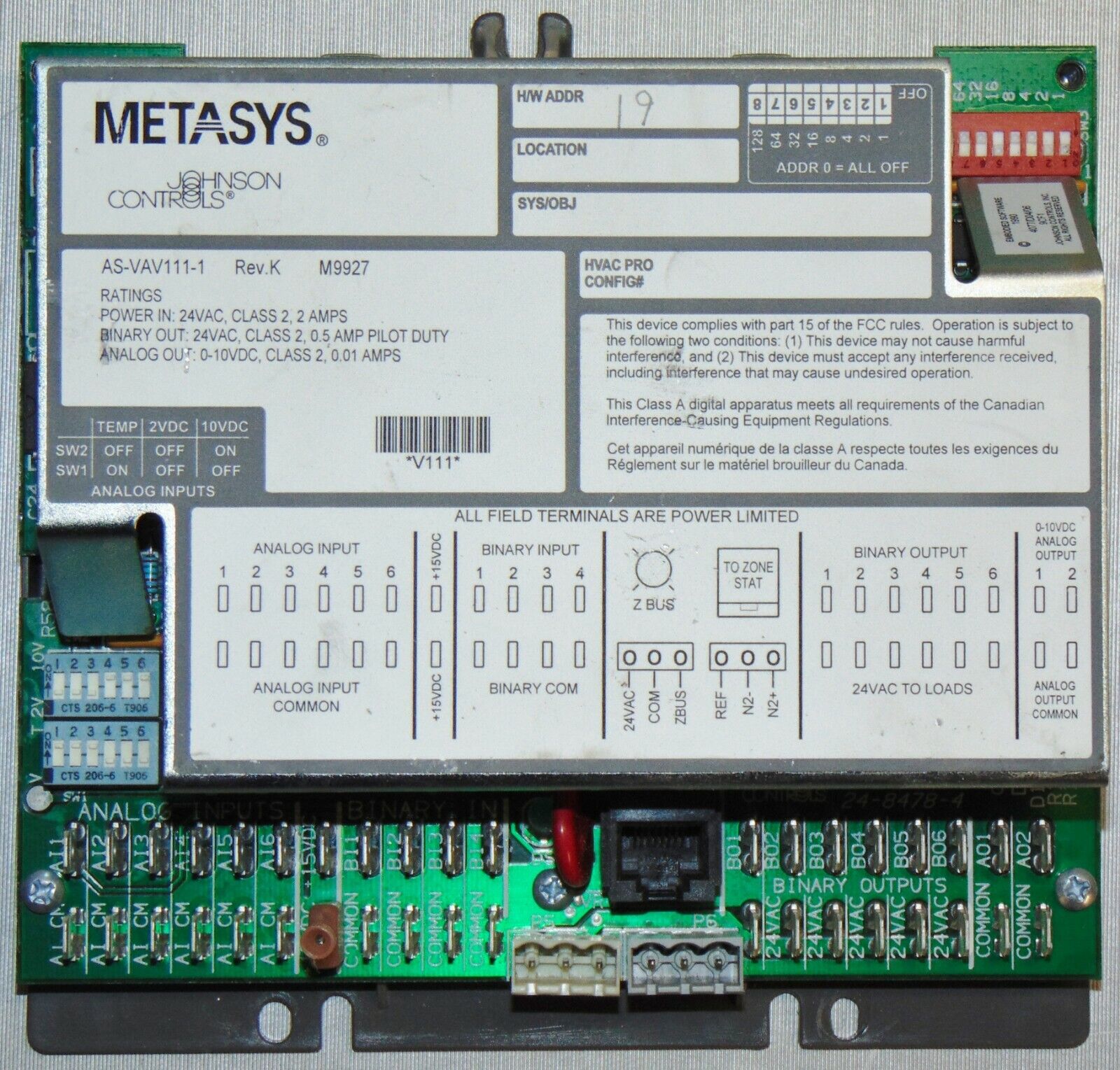 Johnson Controls Metasys Controller AS-VAV111-1 Rev K Quantity Available