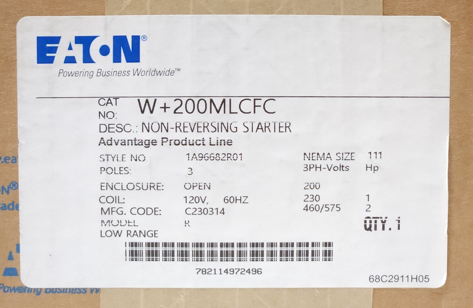 SEALED EATON CUTLER HAMMER W+200MLCFC Size 1 W+200 Low RANGE Advantage Starter SEALED EATON CUTLER HAMMER W+200MLCFC Size 1 W+200 Low RANGE Advantage Starter