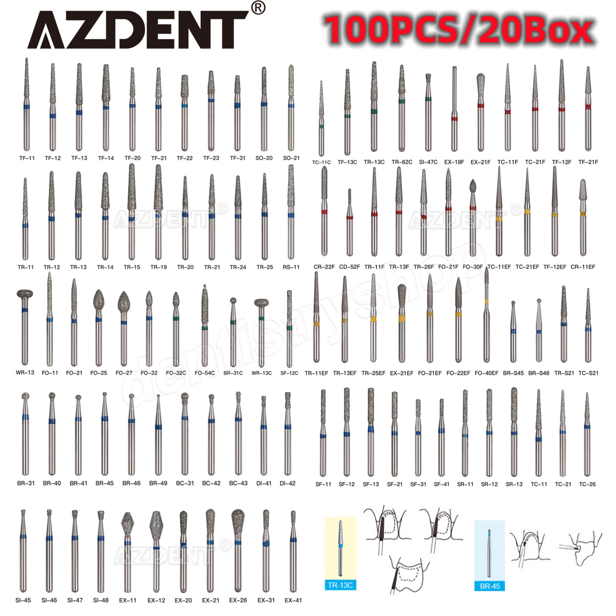 100Pcs AZDENT Dental Diamond Burs For High Speed Handpiece Friction Grip 1.6mm 100Pcs AZDENT Dental Diamond Burs For High Speed Handpiece Friction Grip 1.6mm