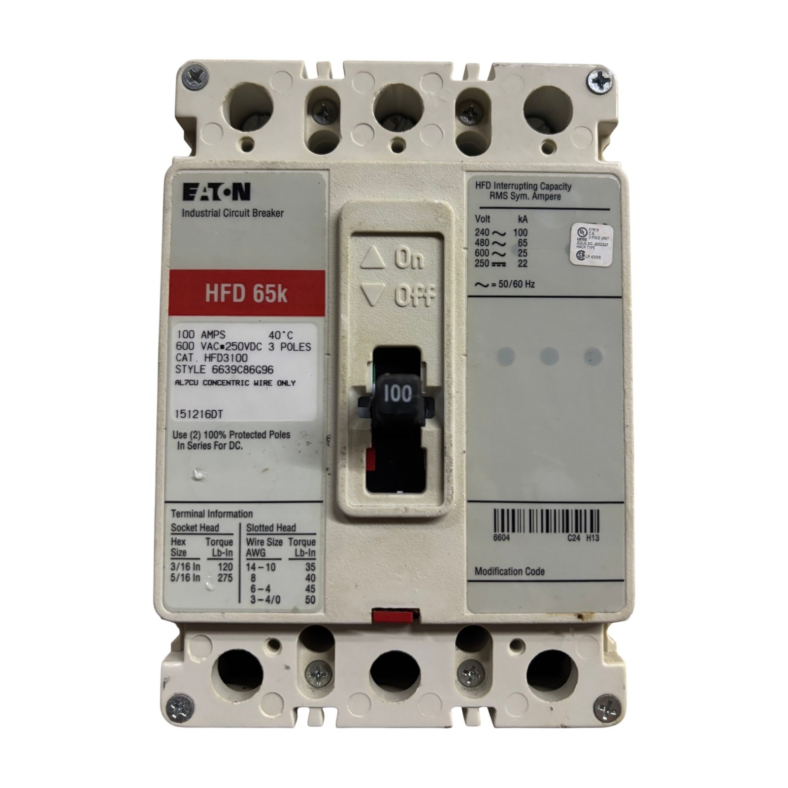 Eaton HFD3100 100A 3-Pole 600V Industrial Circuit Breaker HFD 65k Eaton HFD3100 100A 3-Pole 600V Industrial Circuit Breaker HFD 65k