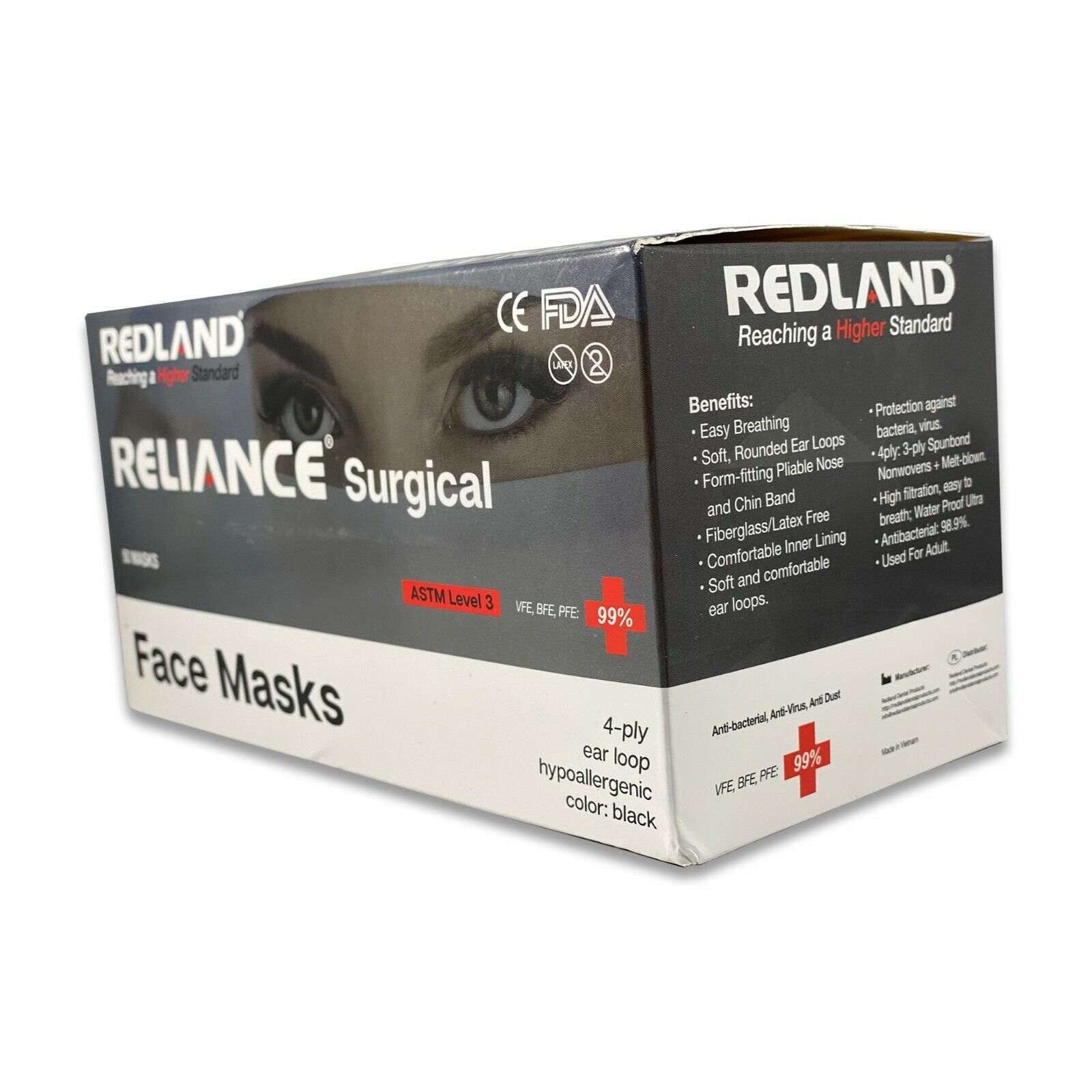 REDLAND RELIANCE Surgical 4ply BLACK Ear loop Face Mask (ASTM LEVEL-3) 50 PC/BOX