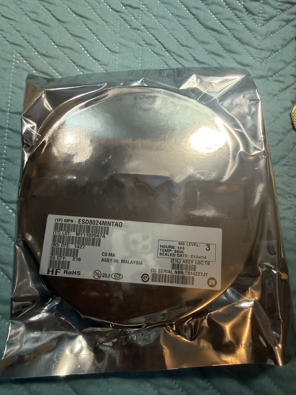 ON Semiconductor ESD8024MNTAG TVS Diode 24-QFN Qty 216 Sealed Partial Reel