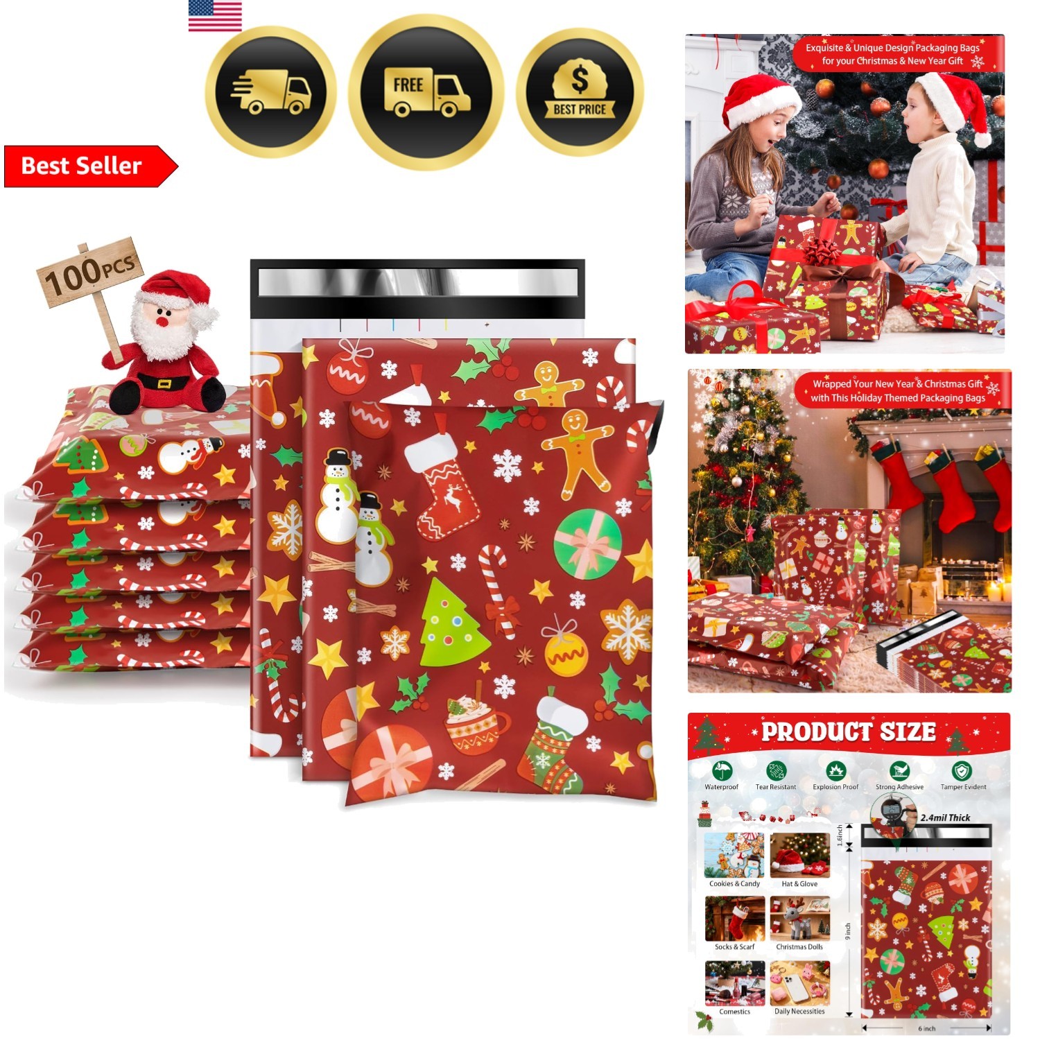 Christmas Poly Mailers 6x9 100PCS Self-Seal Waterproof Shipping Bags