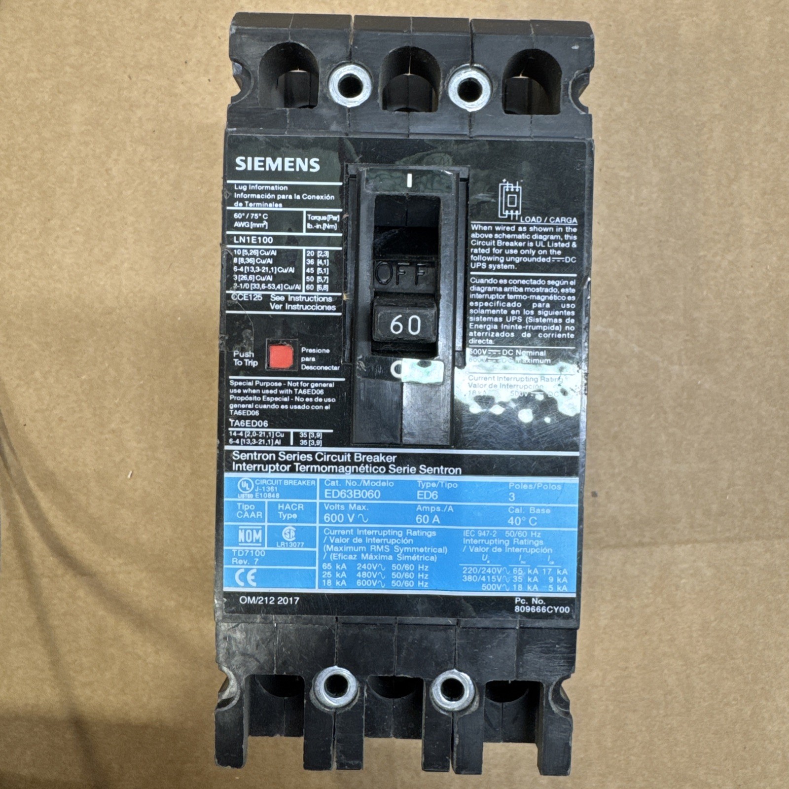 SURPLUS NEW SIEMENS ED63B060 60 Amp 3 Poles 600V Circuit Breaker – Electrical