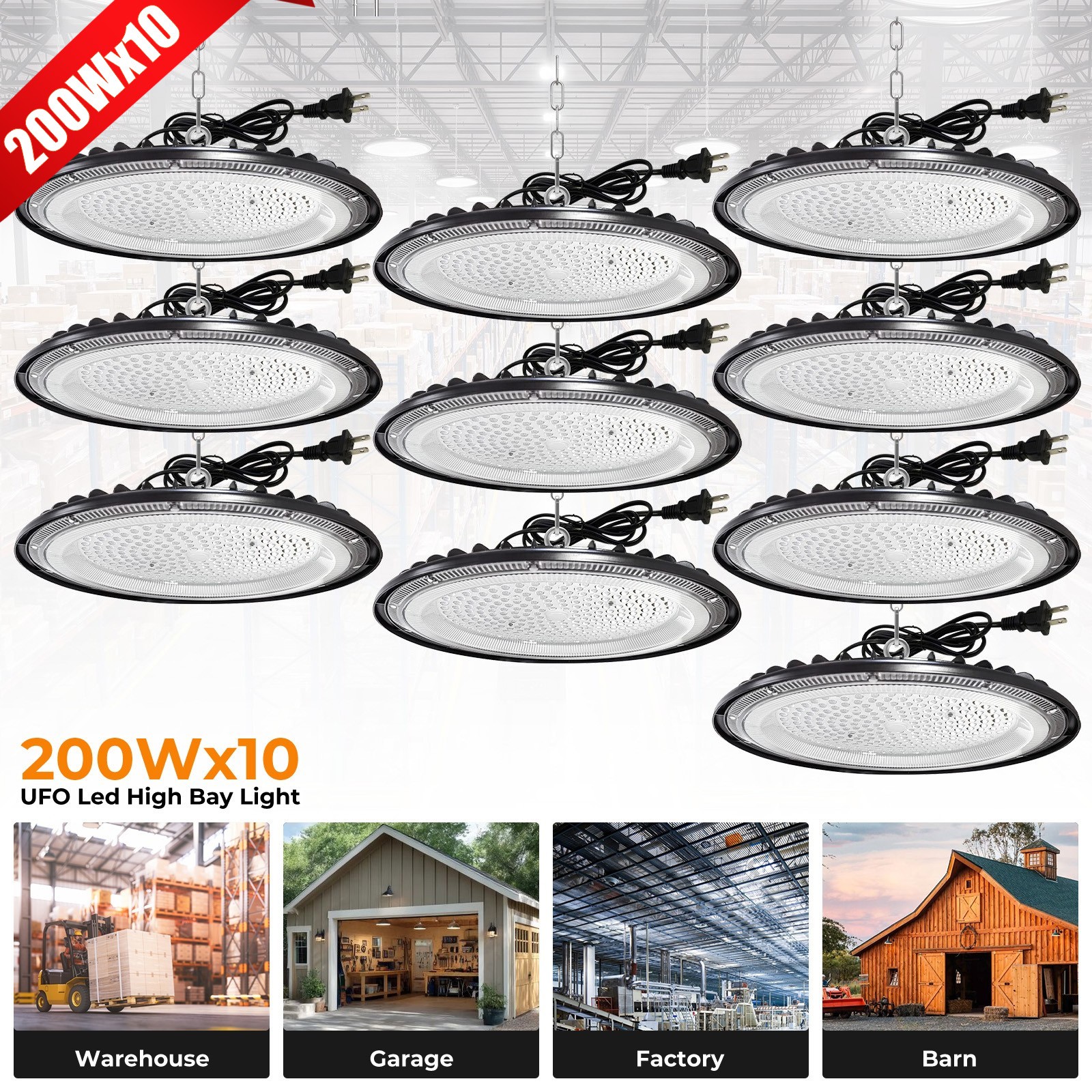 10Pack UFO Led High Bay Light 200W Commercial Industrial Factory Warehouse Light