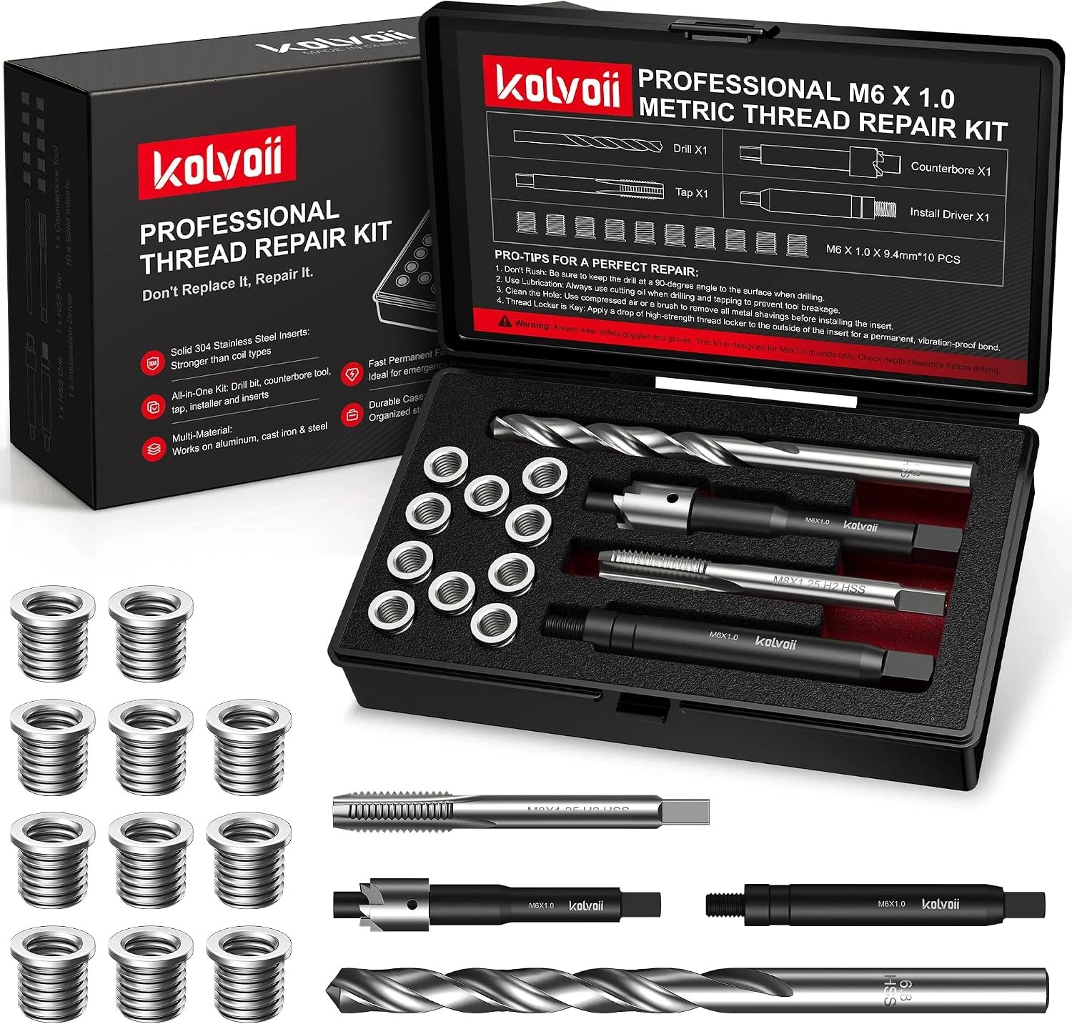 M6X1.0 Thread Repair Kit, 10 Solid 304 Stainless Steel Inserts M6X1.0 Thread Repair Kit, 10 Solid 304 Stainless Steel Inserts