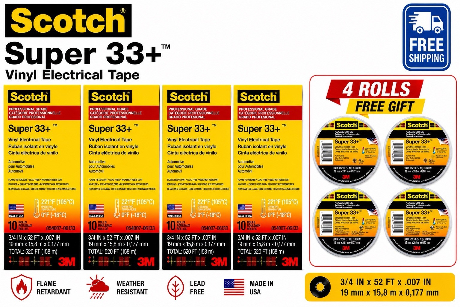 Scotch 3M Super 33+ Vinyl Electrical Tape, 4 BOXES (40 ROLLS) + FREE GIFT π Scotch 3M Super 33+ Vinyl Electrical Tape, 4 BOXES (40 ROLLS) + FREE GIFT π