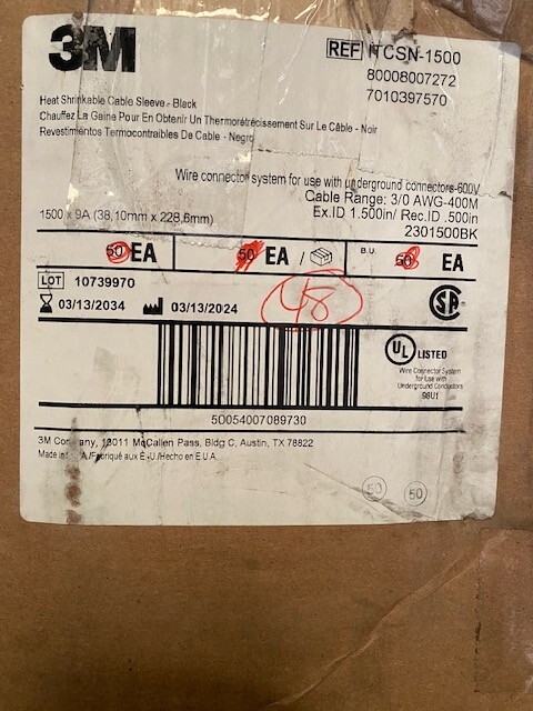 (48 PACK) ITCSN-1500-9-BLACK 3M - 7010397570 Heat Shrink Cable Sleeve (48 PACK) ITCSN-1500-9-BLACK 3M - 7010397570 Heat Shrink Cable Sleeve