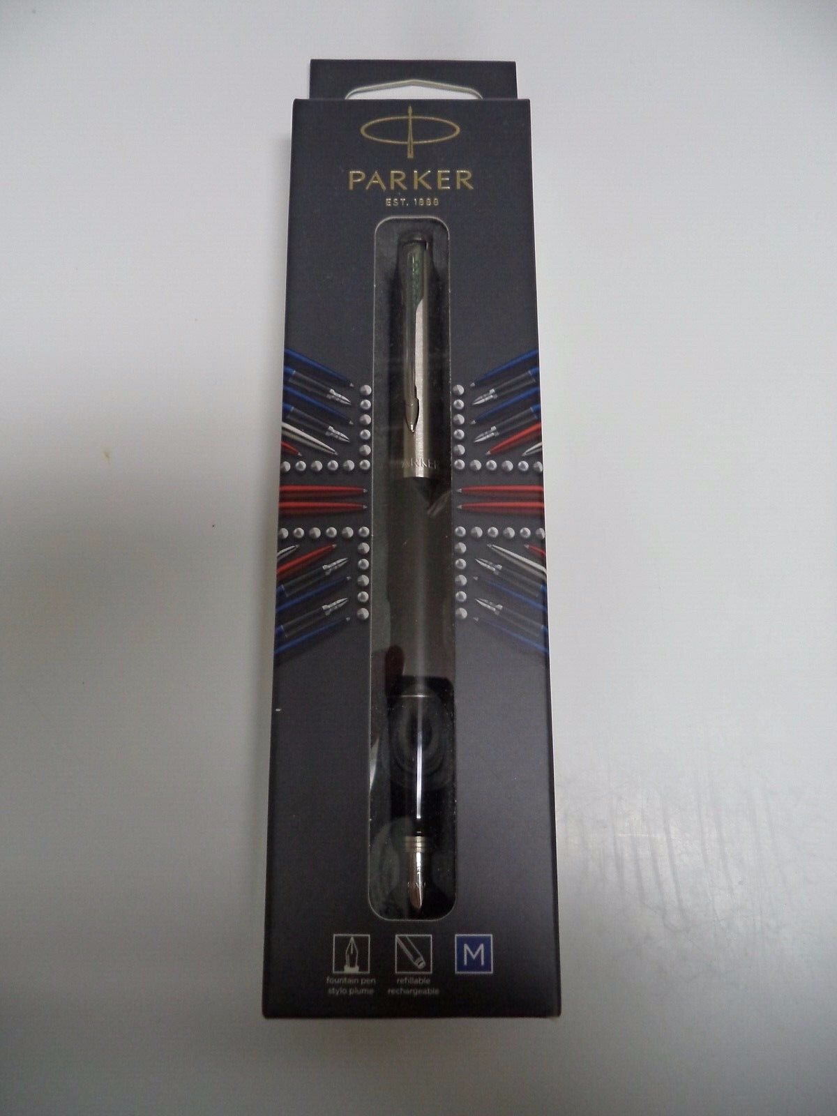 Parker FOUNTAIN PEN JOTTER LONDON INK MED STAINLESS 2031014 BLACK BARREL FRANCE Parker FOUNTAIN PEN JOTTER LONDON INK MED STAINLESS 2031014 BLACK BARREL FRANCE