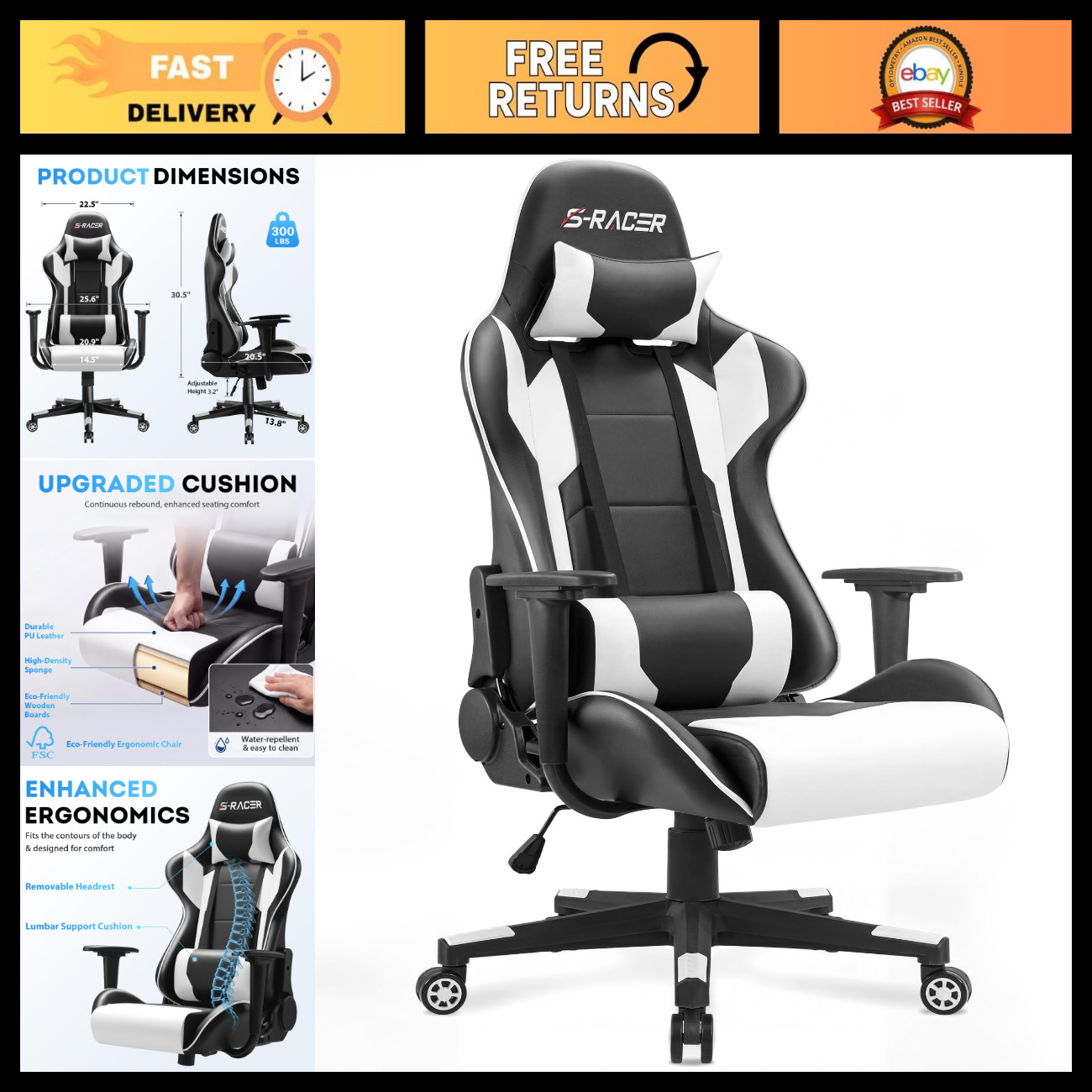 Ergonomic Gaming Chair - High Back Faux Leather Office Chair, White, Comfortable