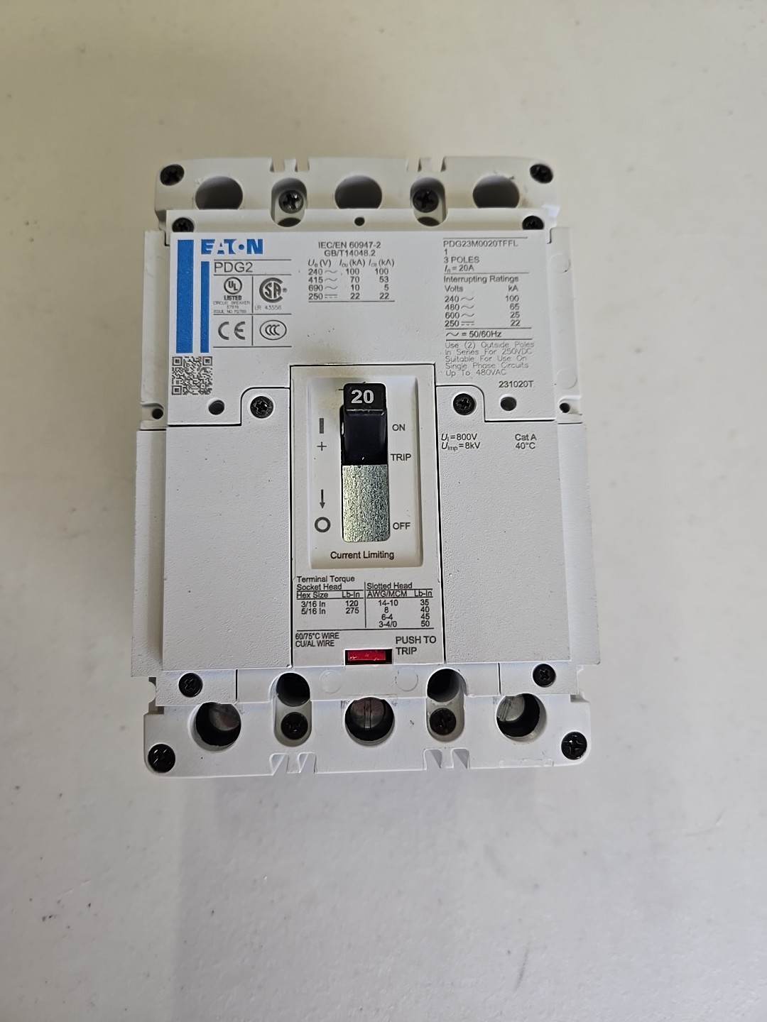 NEW EATON PDG PDG2 PDG23M0020TFFL 3 Pole 20 Amp 600V Circuit Breaker NEW EATON PDG PDG2 PDG23M0020TFFL 3 Pole 20 Amp 600V Circuit Breaker