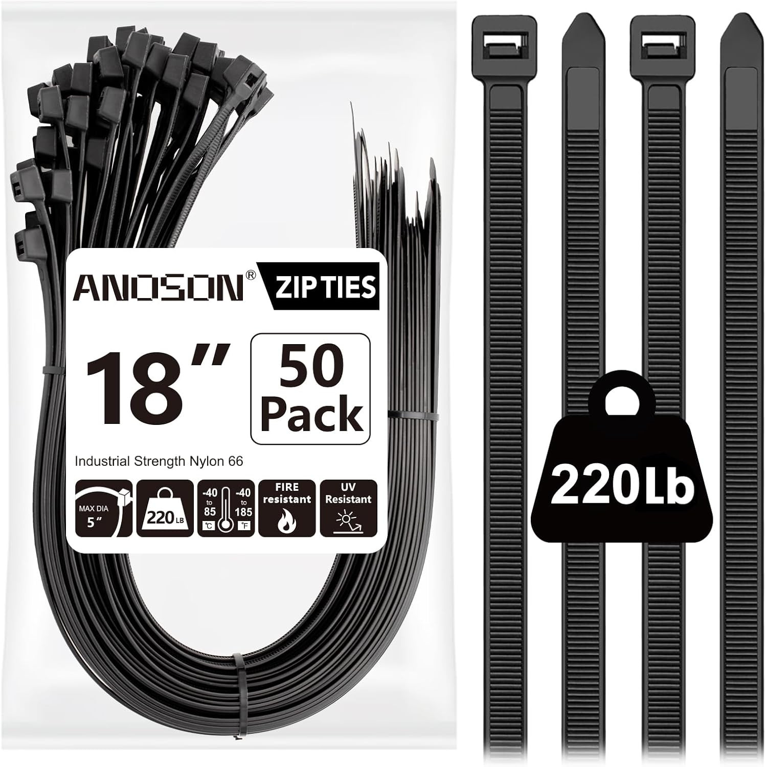 Large Zip Ties 18 Inch, 50 Pack, Long Zip Ties Heavy Duty with 220 Lb Tensile