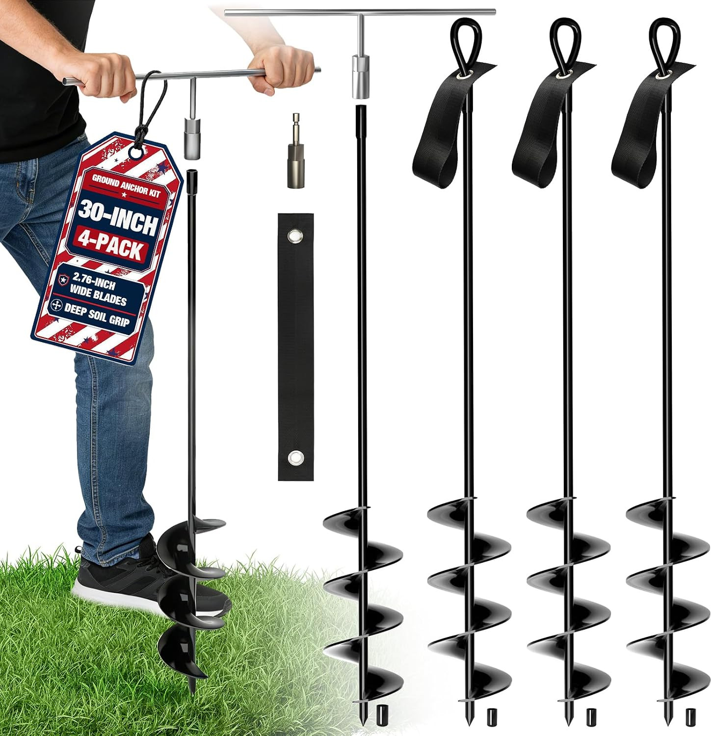 Heavy Duty Ground Anchors Screw In, 30-Inch, 4-Pack with Straps Heavy Duty Ground Anchors Screw In, 30-Inch, 4-Pack with Straps