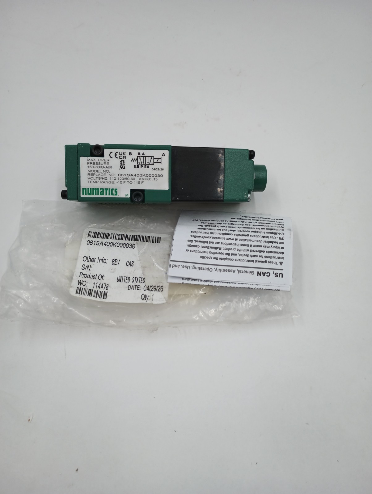 NUMATICS 081SA400K000030 SOLENOID VALVE MK8 SERIES 4/2 SPR RTN 120VAC