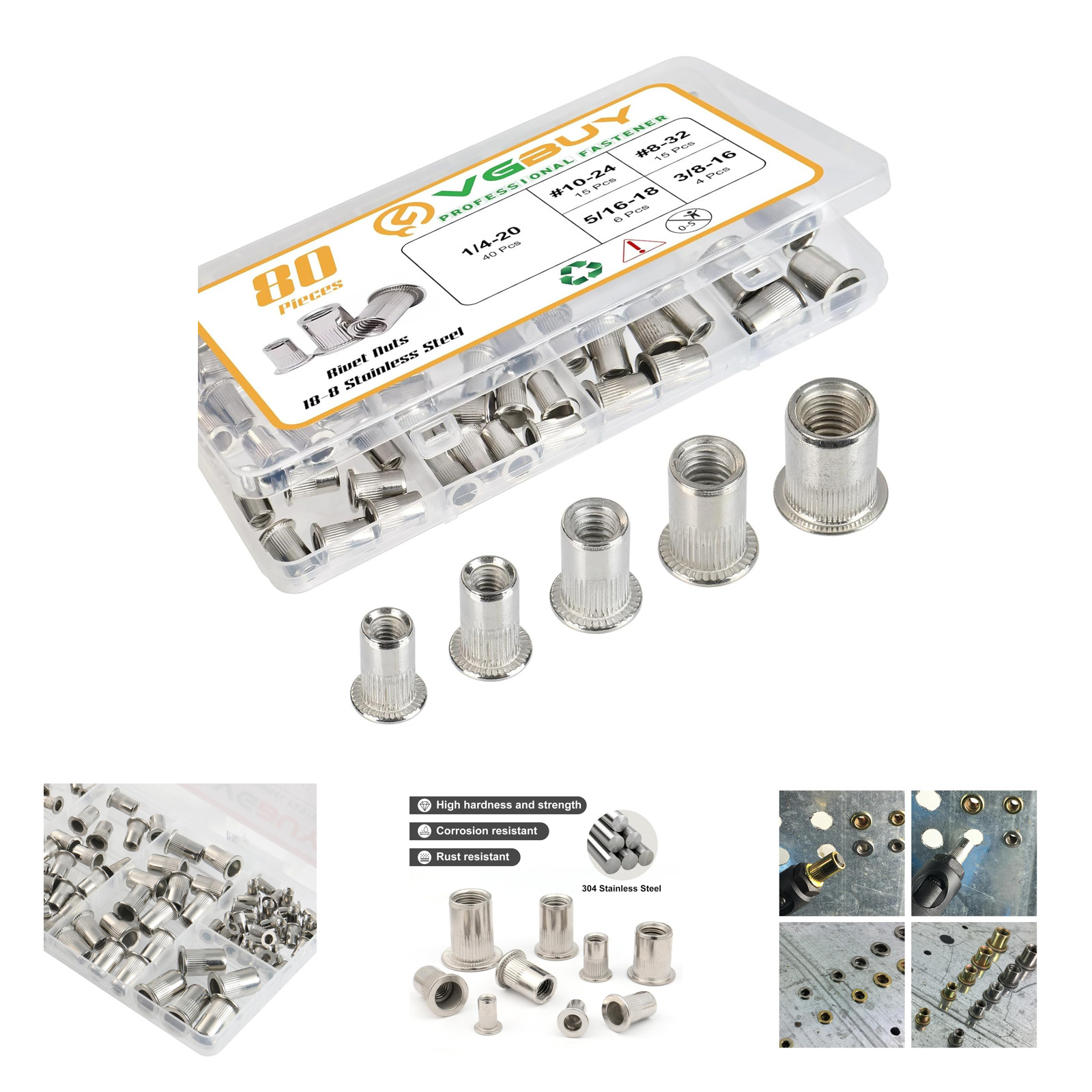 80Pcs Rivet Nut Kit Stainless Steel SAE Sizes Assortment 8-32 10-24 1/4-20