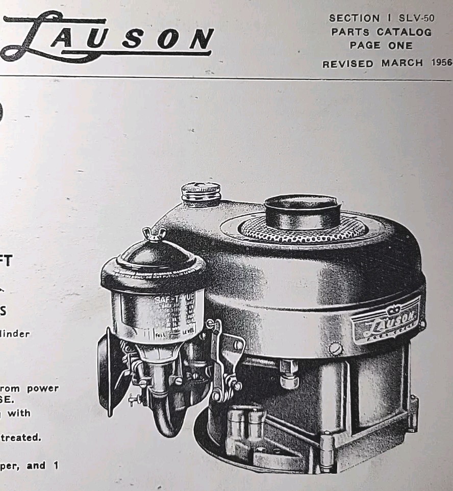 Lauson Power Products SLV-50 Gas 4-cycle Engine Parts Catalog Manual 2 h.p 1956 Lauson Power Products SLV-50 Gas 4-cycle Engine Parts Catalog Manual 2 h.p 1956