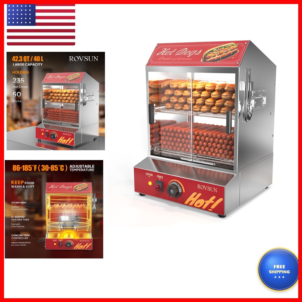ROVSUN 40L 2-Tier Hot Dog Steamer, 235 Hot Dogs & 50 Buns Capacity, Electric ROVSUN 40L 2-Tier Hot Dog Steamer, 235 Hot Dogs & 50 Buns Capacity, Electric