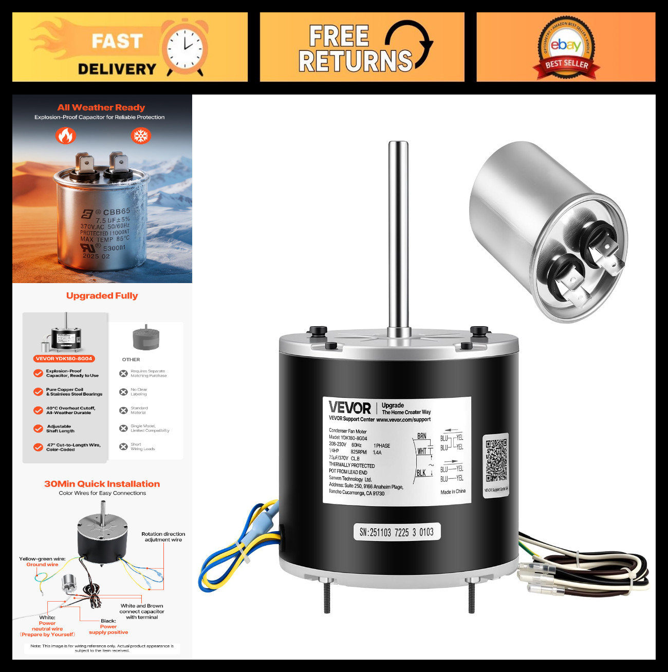 High-Efficiency 1/4HP Condenser Fan Motor 825RPM 208-230V with Capacitor, Compat High-Efficiency 1/4HP Condenser Fan Motor 825RPM 208-230V with Capacitor, Compat