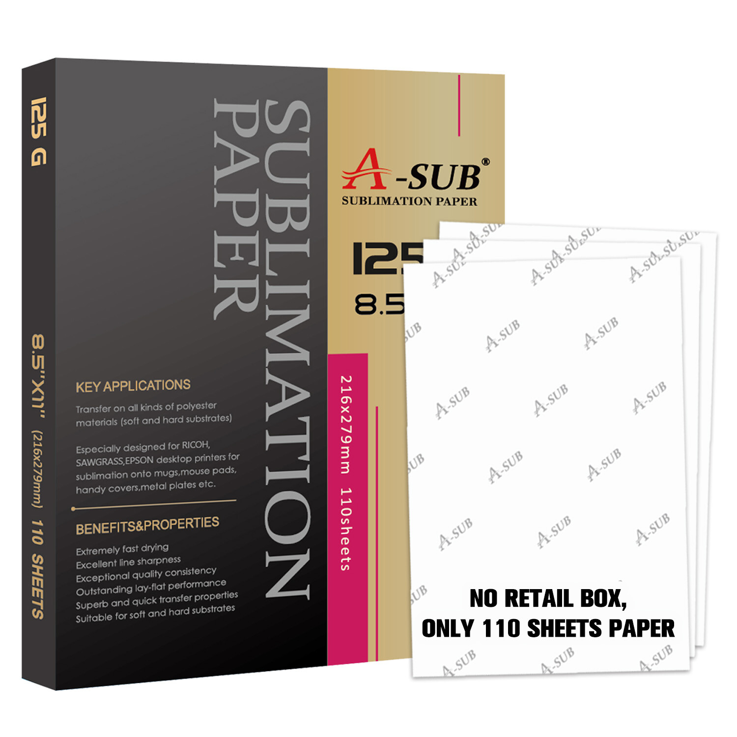A-SUB Sublimation Paper 125g 8.5x11 110 Sheets for Inkjet Printers Heat Transfer A-SUB Sublimation Paper 125g 8.5x11 110 Sheets for Inkjet Printers Heat Transfer