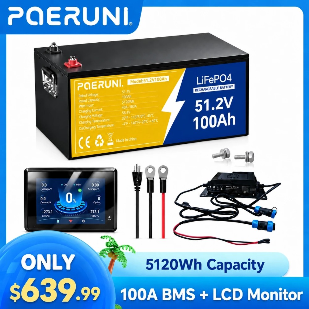 POERUNI 48V 100Ah LiFePO4 Lithium Battery BMS With 58.4V 20A Charger+LCD Monitor POERUNI 48V 100Ah LiFePO4 Lithium Battery BMS With 58.4V 20A Charger+LCD Monitor