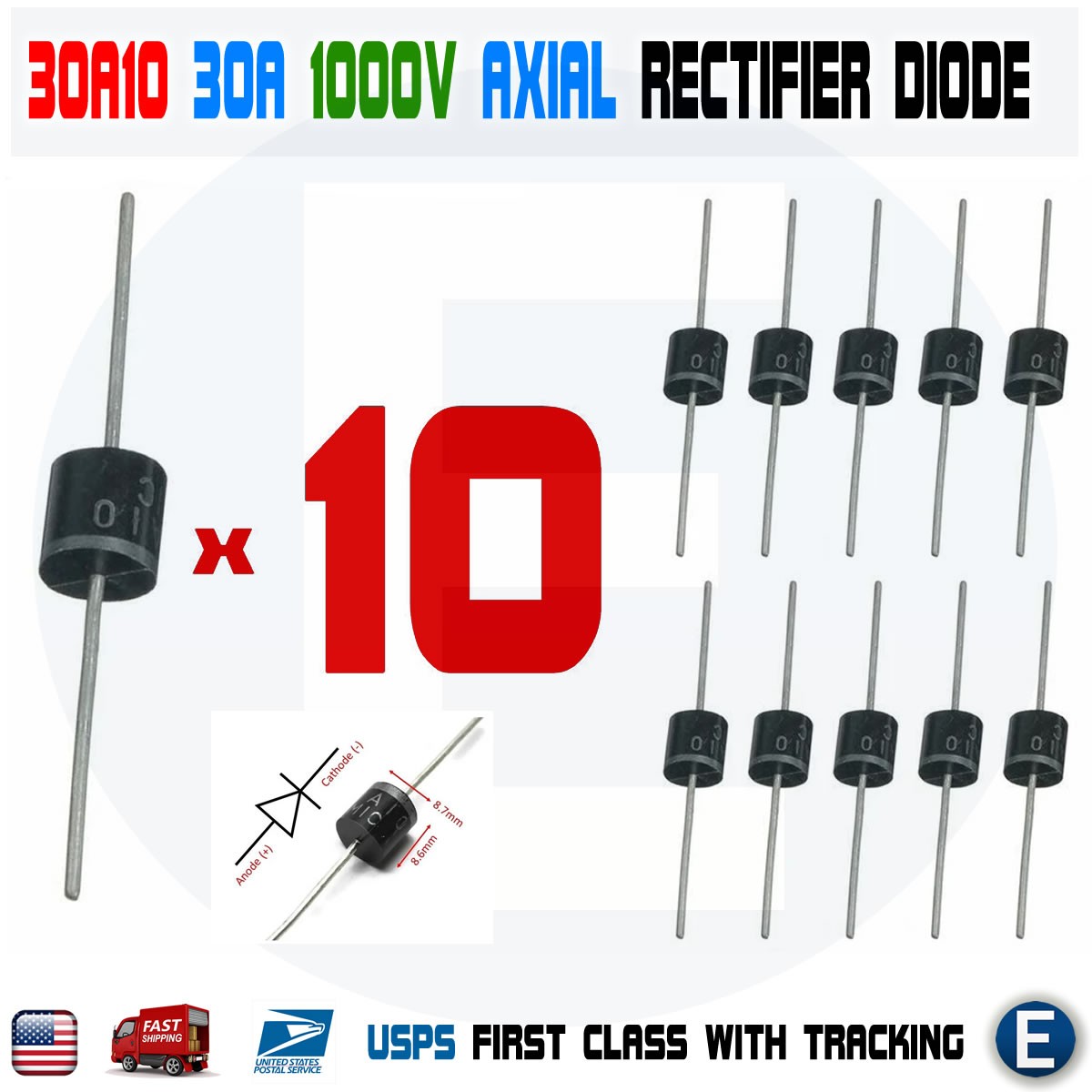 10PCS 30A10 1000V 30A 1KV Axial Rectifier Diode 30 AMP solar panel USA 10PCS 30A10 1000V 30A 1KV Axial Rectifier Diode 30 AMP solar panel USA