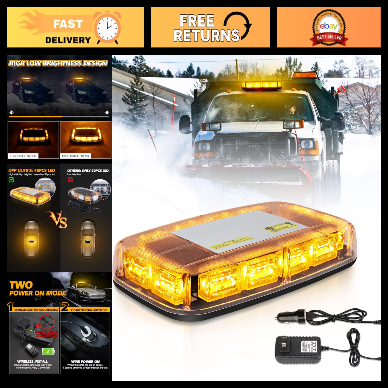 Rechargeable Amber Strobe Light - 17 Flash Modes, 48 LED Beacon for Trucks, ATV,